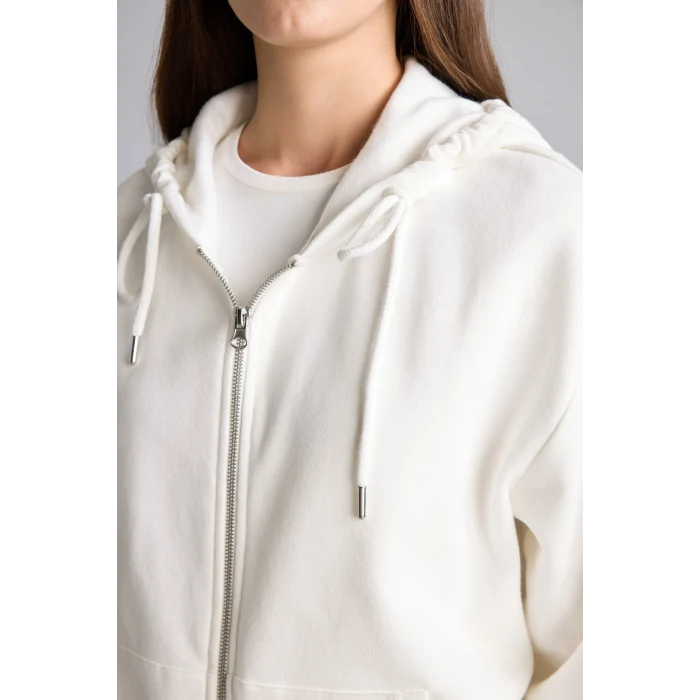Defacto C1809AXER105 Ekru Relax Fit Kapüşonlu Cepli Basıc Fermuarlı Sweatshirt