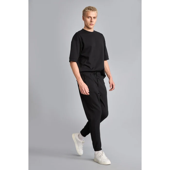 Defacto D5258AXBK81 Siyah Slim Fit Bağcıklı Fermuar Cepli Pike Jogger Eşofman Altı