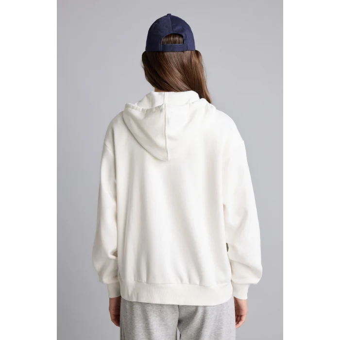 Defacto C1809AXER105 Ekru Relax Fit Kapüşonlu Cepli Basıc Fermuarlı Sweatshirt