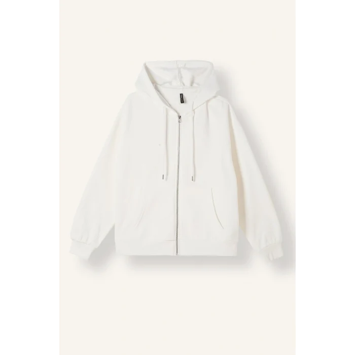 Defacto C1809AXER105 Ekru Relax Fit Kapüşonlu Cepli Basıc Fermuarlı Sweatshirt