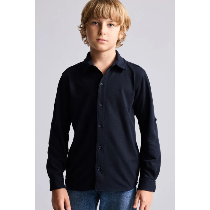 Defacto H4578A8NV91 Lacivert Regular Fit Katlanabilir Kollu Pike Gömlek Erkek Çocuk