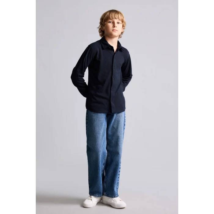 Defacto H4578A8NV91 Lacivert Regular Fit Katlanabilir Kollu Pike Gömlek Erkek Çocuk