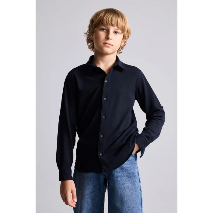 Defacto H4578A8NV91 Lacivert Regular Fit Katlanabilir Kollu Pike Gömlek Erkek Çocuk