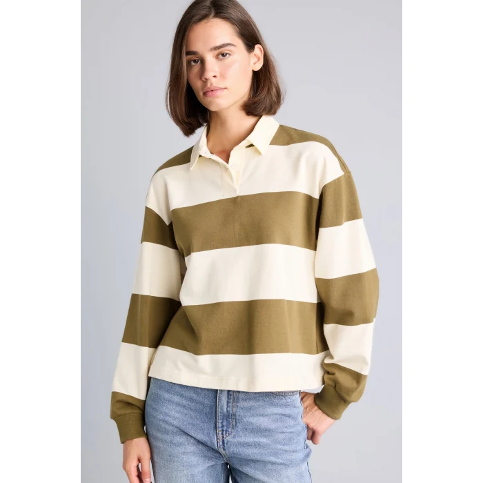 Defacto I2960AXBG759 Bej %100 Pamuk Long Fit Polo Yaka Uzun Kollu Çizgili Sweatshirt