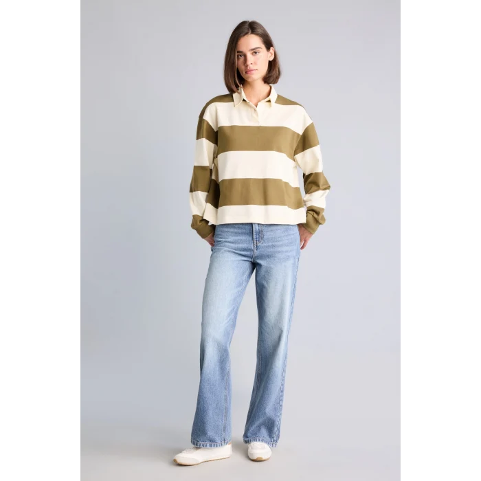 Defacto I2960AXBG759 Bej %100 Pamuk Long Fit Polo Yaka Uzun Kollu Çizgili Sweatshirt