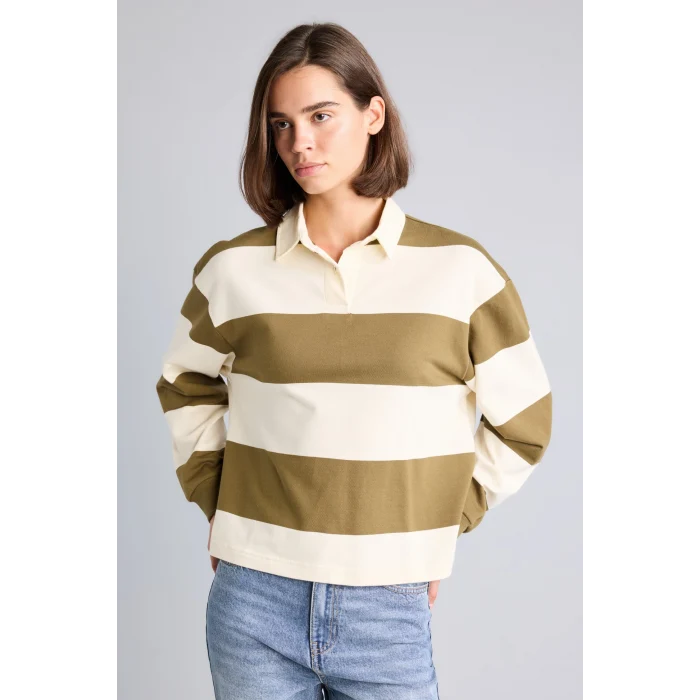 Defacto I2960AXBG759 Bej %100 Pamuk Long Fit Polo Yaka Uzun Kollu Çizgili Sweatshirt