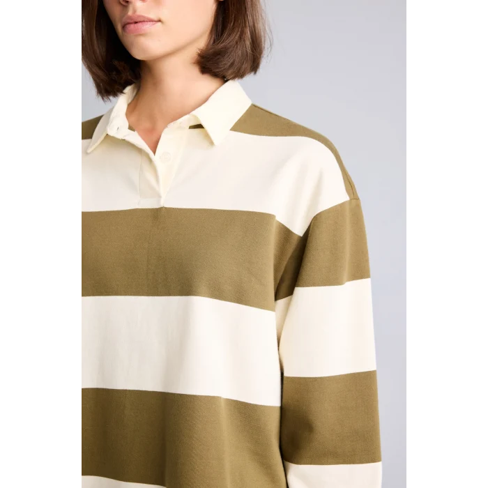 Defacto I2960AXBG759 Bej %100 Pamuk Long Fit Polo Yaka Uzun Kollu Çizgili Sweatshirt
