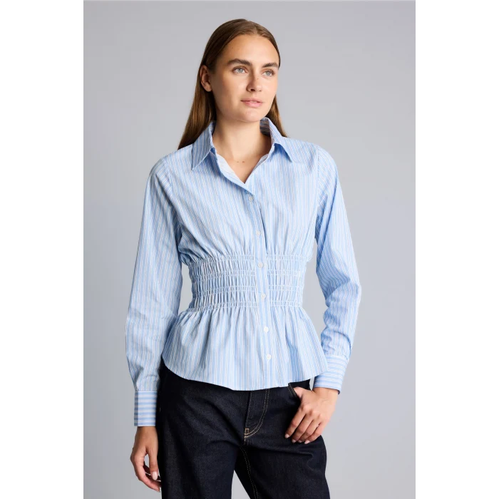 Defacto H0347AXBE552 Mavi %100 Pamuk Fıtted Çizgili Poplin Uzun Kollu Gömlek