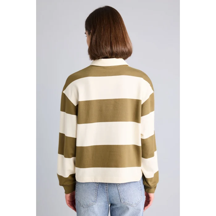 Defacto I2960AXBG759 Bej %100 Pamuk Long Fit Polo Yaka Uzun Kollu Çizgili Sweatshirt