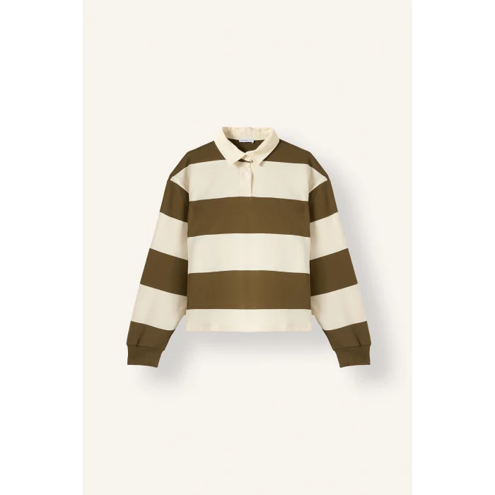 Defacto I2960AXBG759 Bej %100 Pamuk Long Fit Polo Yaka Uzun Kollu Çizgili Sweatshirt