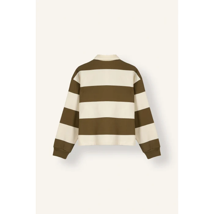 Defacto I2960AXBG759 Bej %100 Pamuk Long Fit Polo Yaka Uzun Kollu Çizgili Sweatshirt