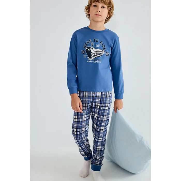 Defacto H6686A8BE341 Mavi Regular Fit Baskılı ve Ekoseli 2li Erkek Çocuk Pijama Takımı