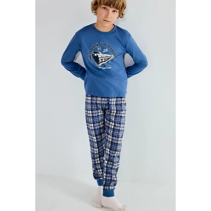 Defacto H6686A8BE341 Mavi Regular Fit Baskılı ve Ekoseli 2li Erkek Çocuk Pijama Takımı