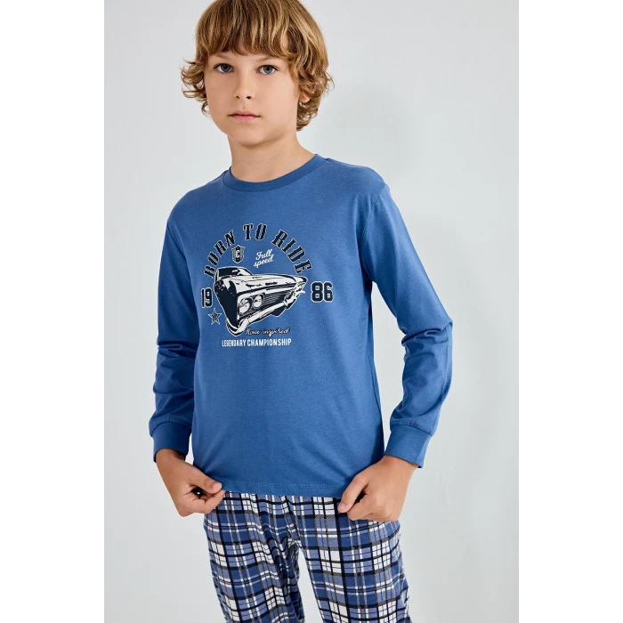 Defacto H6686A8BE341 Mavi Regular Fit Baskılı ve Ekoseli 2li Erkek Çocuk Pijama Takımı