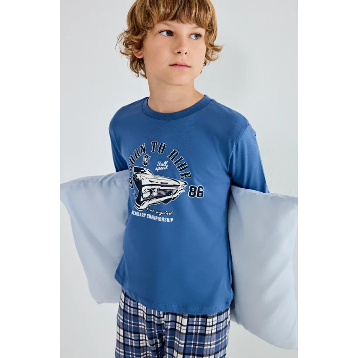 Defacto H6686A8BE341 Mavi Regular Fit Baskılı ve Ekoseli 2li Erkek Çocuk Pijama Takımı