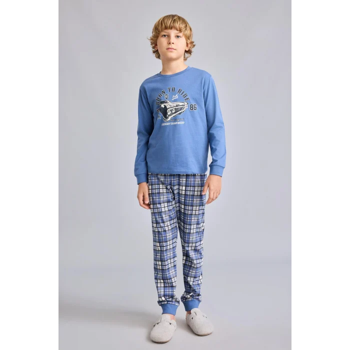Defacto H6686A8BE341 Mavi Regular Fit Baskılı ve Ekoseli 2li Erkek Çocuk Pijama Takımı