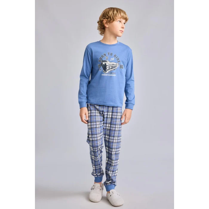 Defacto H6686A8BE341 Mavi Regular Fit Baskılı ve Ekoseli 2li Erkek Çocuk Pijama Takımı