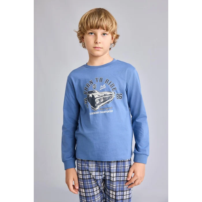 Defacto H6686A8BE341 Mavi Regular Fit Baskılı ve Ekoseli 2li Erkek Çocuk Pijama Takımı