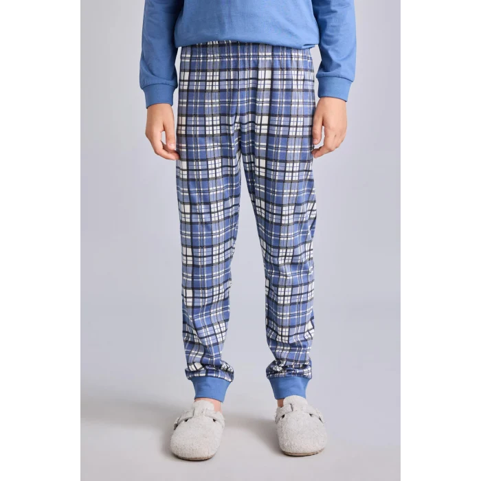 Defacto H6686A8BE341 Mavi Regular Fit Baskılı ve Ekoseli 2li Erkek Çocuk Pijama Takımı