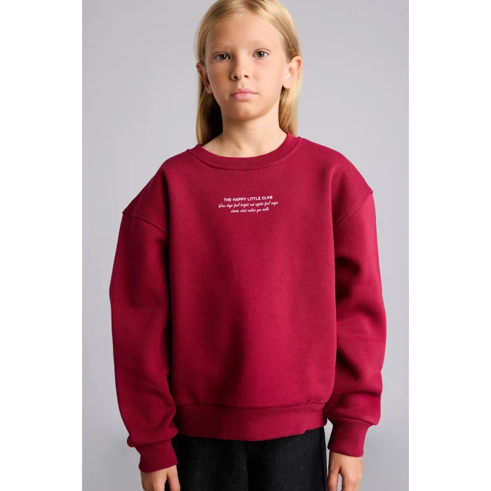 Defacto I3382A8BR239 Bordo Relax Fit Bisiklet Yaka Düşük Omuzlu Baskılı Sweatshirt Kız Çocuk