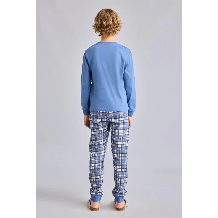Defacto H6686A8BE341 Mavi Regular Fit Baskılı ve Ekoseli 2li Erkek Çocuk Pijama Takımı
