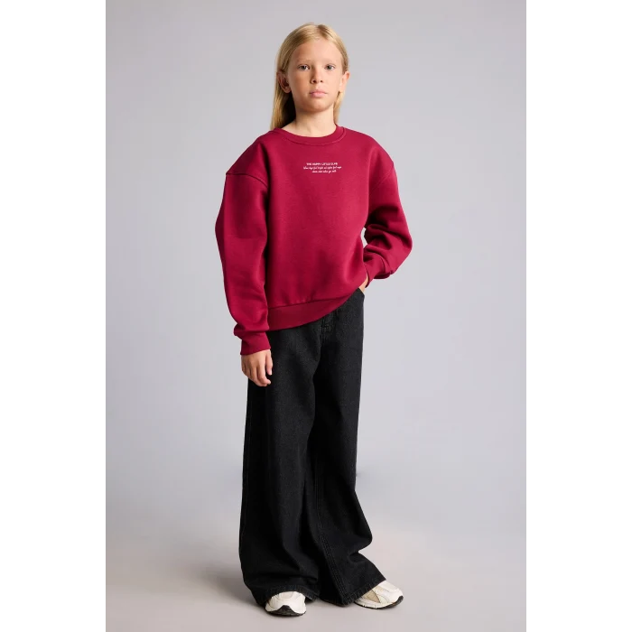 Defacto I3382A8BR239 Bordo Relax Fit Bisiklet Yaka Düşük Omuzlu Baskılı Sweatshirt Kız Çocuk