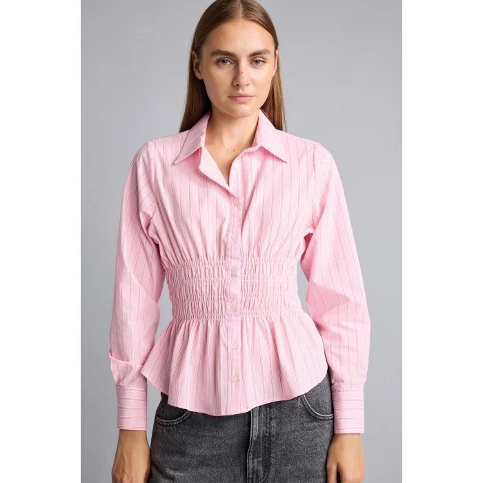 Defacto H0347AXPN693 Pembe %100 Pamuk Fıtted Çizgili Poplin Uzun Kollu Gömlek