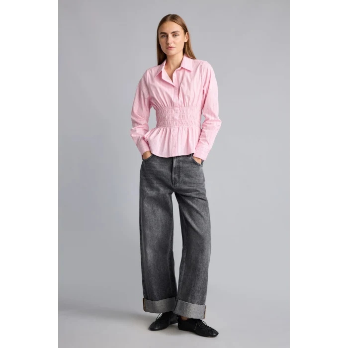 Defacto H0347AXPN693 Pembe %100 Pamuk Fıtted Çizgili Poplin Uzun Kollu Gömlek