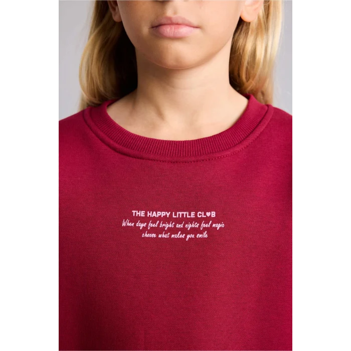 Defacto I3382A8BR239 Bordo Relax Fit Bisiklet Yaka Düşük Omuzlu Baskılı Sweatshirt Kız Çocuk