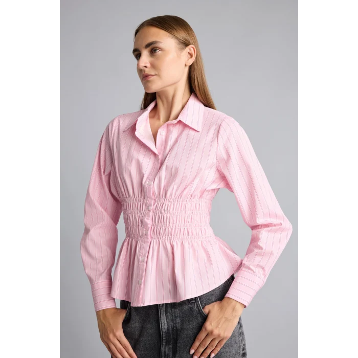 Defacto H0347AXPN693 Pembe %100 Pamuk Fıtted Çizgili Poplin Uzun Kollu Gömlek