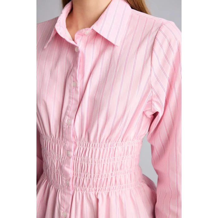 Defacto H0347AXPN693 Pembe %100 Pamuk Fıtted Çizgili Poplin Uzun Kollu Gömlek