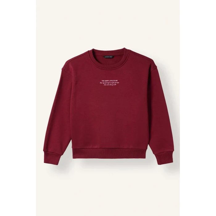 Defacto I3382A8BR239 Bordo Relax Fit Bisiklet Yaka Düşük Omuzlu Baskılı Sweatshirt Kız Çocuk