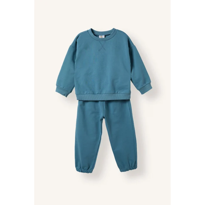 Defacto H5617A5BE536 Mavi %100 Pamuk Uzun Kollu Sweatshirt Elastik Belli Eşofman Altlı 2li Takım Erkek Bebek