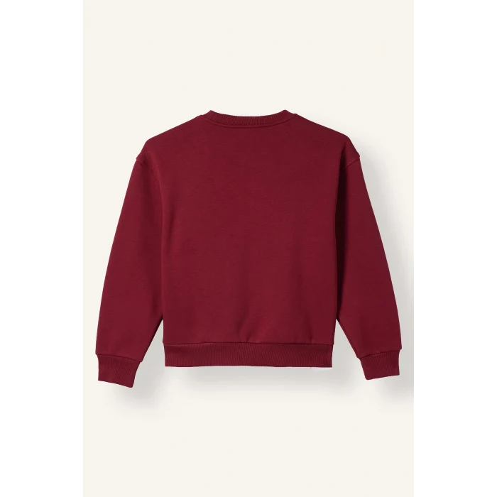 Defacto I3382A8BR239 Bordo Relax Fit Bisiklet Yaka Düşük Omuzlu Baskılı Sweatshirt Kız Çocuk
