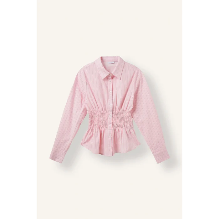 Defacto H0347AXPN693 Pembe %100 Pamuk Fıtted Çizgili Poplin Uzun Kollu Gömlek