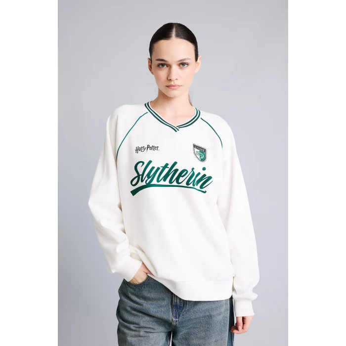 Defacto I3022AXWT32 Beyaz Harry Potter Baskılı Reglan Kollu Oversize V Yaka Kalın Sweatshirt