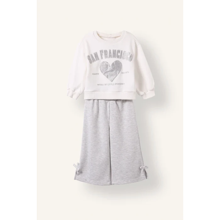 Defacto I7733A5ER105 Ekru 2li Takım Baskılı Sweatshirt Eşofman Altı Kız Bebek