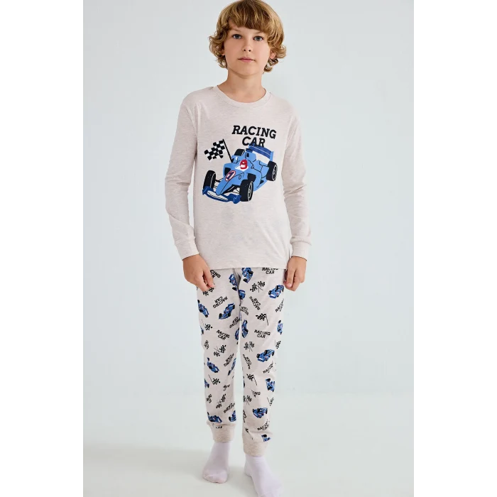 Defacto I1179A8BG114 Bej Uzun Kollu Baskılı Pijama Üstü Esnek Belli Desenli Uzun Pijama Altı 2li Pijama Takımı Erkek Çocuk