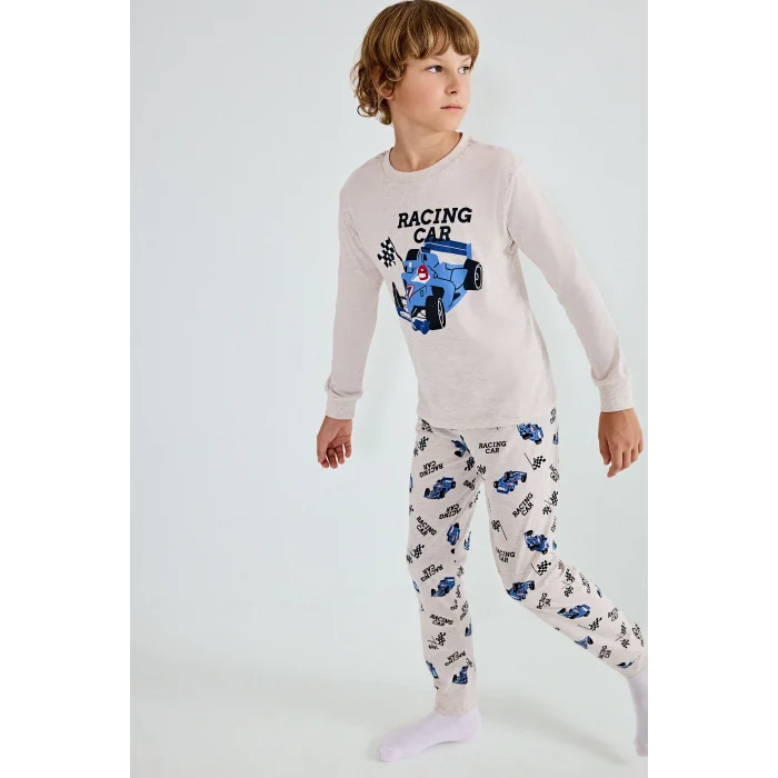 Defacto I1179A8BG114 Bej Uzun Kollu Baskılı Pijama Üstü Esnek Belli Desenli Uzun Pijama Altı 2li Pijama Takımı Erkek Çocuk