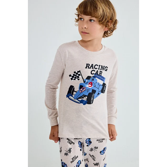 Defacto I1179A8BG114 Bej Uzun Kollu Baskılı Pijama Üstü Esnek Belli Desenli Uzun Pijama Altı 2li Pijama Takımı Erkek Çocuk