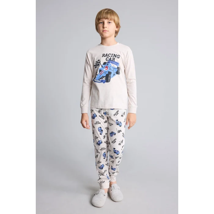 Defacto I1179A8BG114 Bej Uzun Kollu Baskılı Pijama Üstü Esnek Belli Desenli Uzun Pijama Altı 2li Pijama Takımı Erkek Çocuk