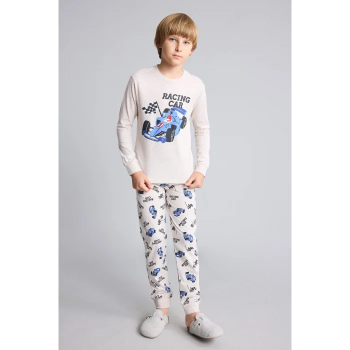 Defacto I1179A8BG114 Bej Uzun Kollu Baskılı Pijama Üstü Esnek Belli Desenli Uzun Pijama Altı 2li Pijama Takımı Erkek Çocuk
