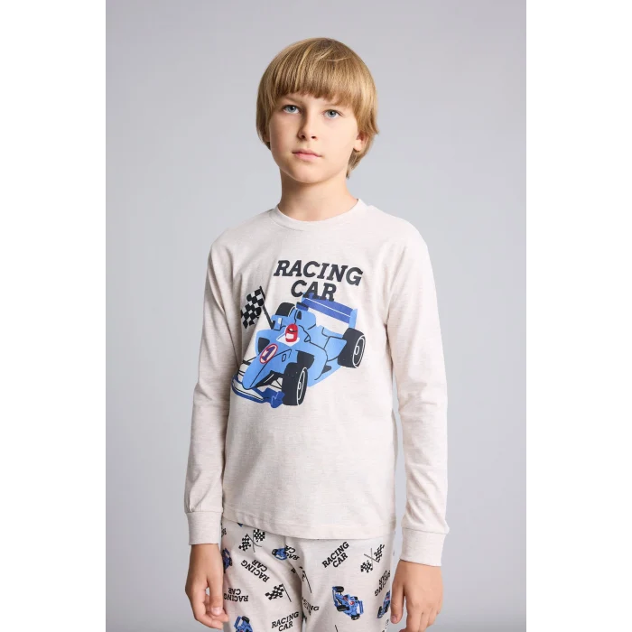 Defacto I1179A8BG114 Bej Uzun Kollu Baskılı Pijama Üstü Esnek Belli Desenli Uzun Pijama Altı 2li Pijama Takımı Erkek Çocuk