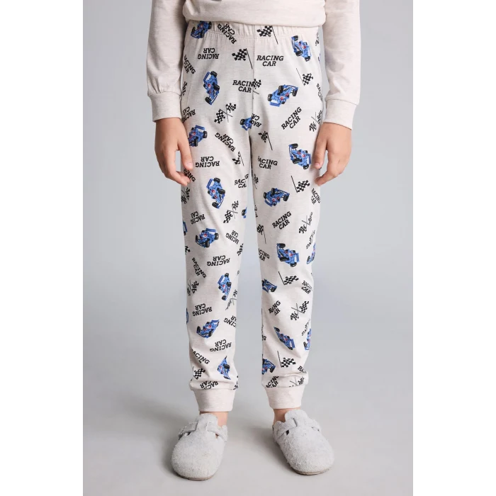 Defacto I1179A8BG114 Bej Uzun Kollu Baskılı Pijama Üstü Esnek Belli Desenli Uzun Pijama Altı 2li Pijama Takımı Erkek Çocuk