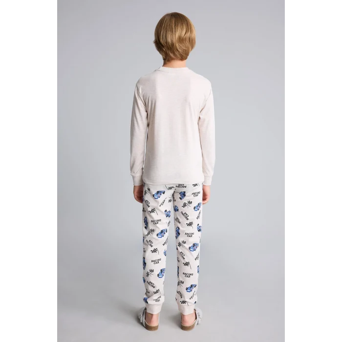 Defacto I1179A8BG114 Bej Uzun Kollu Baskılı Pijama Üstü Esnek Belli Desenli Uzun Pijama Altı 2li Pijama Takımı Erkek Çocuk