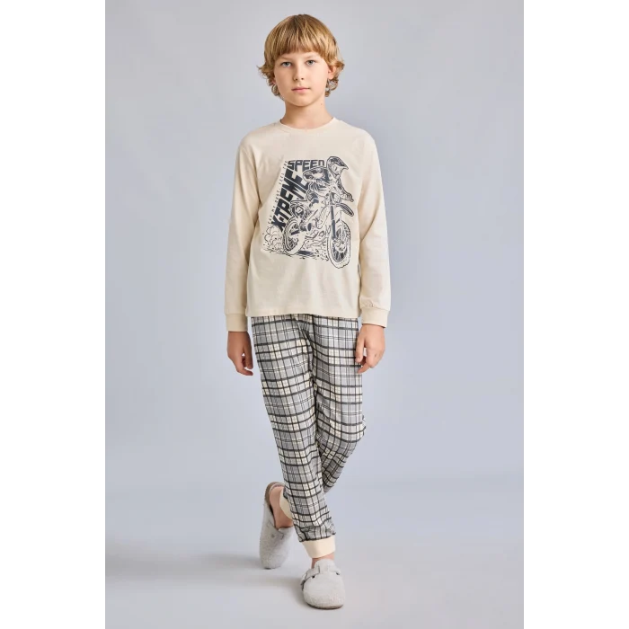 Defacto H6686A8BG286 Bej Motosiklet Baskılı Ekose Regular Fit 2li Pijama Takımı Erkek Çocuk