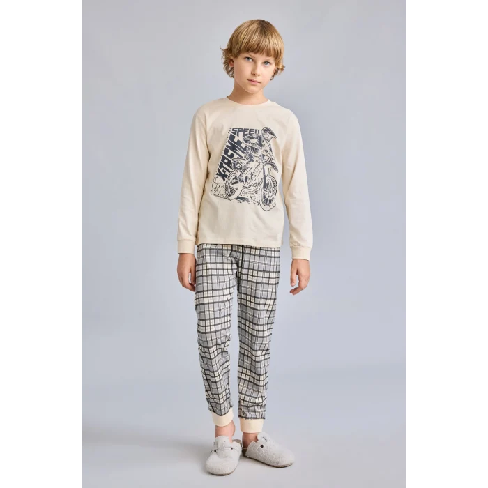 Defacto H6686A8BG286 Bej Motosiklet Baskılı Ekose Regular Fit 2li Pijama Takımı Erkek Çocuk