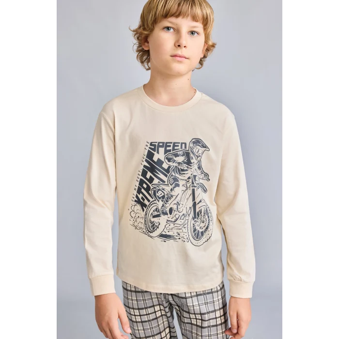 Defacto H6686A8BG286 Bej Motosiklet Baskılı Ekose Regular Fit 2li Pijama Takımı Erkek Çocuk