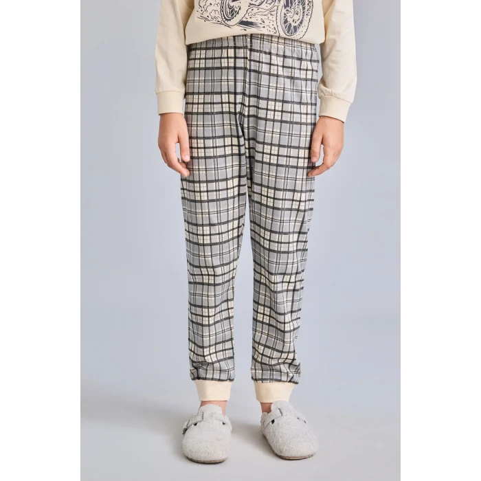 Defacto H6686A8BG286 Bej Motosiklet Baskılı Ekose Regular Fit 2li Pijama Takımı Erkek Çocuk