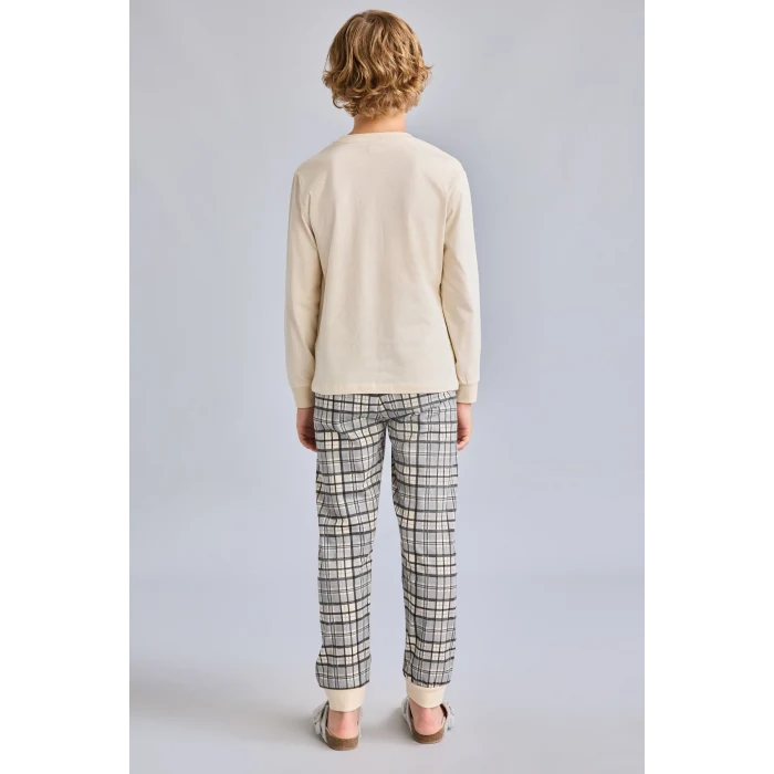 Defacto H6686A8BG286 Bej Motosiklet Baskılı Ekose Regular Fit 2li Pijama Takımı Erkek Çocuk
